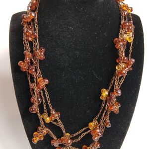 Vtg Amber Lucite Beaded 60" Braided Metallic Gold Thread Strand Mod Necklace
